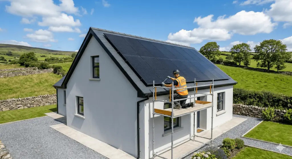 A professional installation of dark, sleek solar panels (PV system) covering the south-facing slope of a modern Irish detached house on a bright, sunny day with a brilliant blue sky, demonstrating a residential transition to renewable energy and reduced electricity bills, as detailed in the Conneally Group guide to home improvement grants.